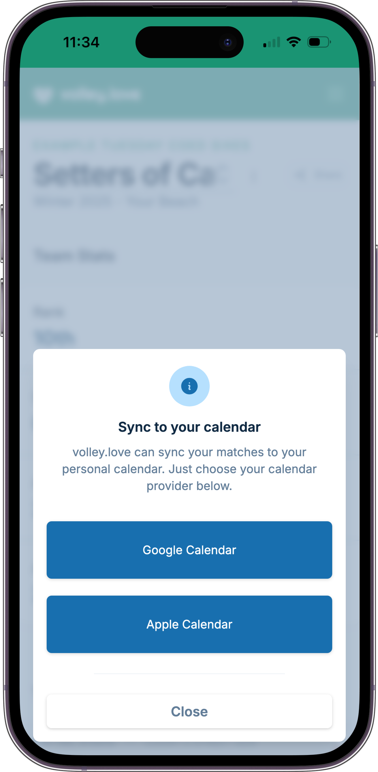 A screenshot showing the options of subscribing to a team calendar, which allows syncing to Google Calendar and Apple Calendar