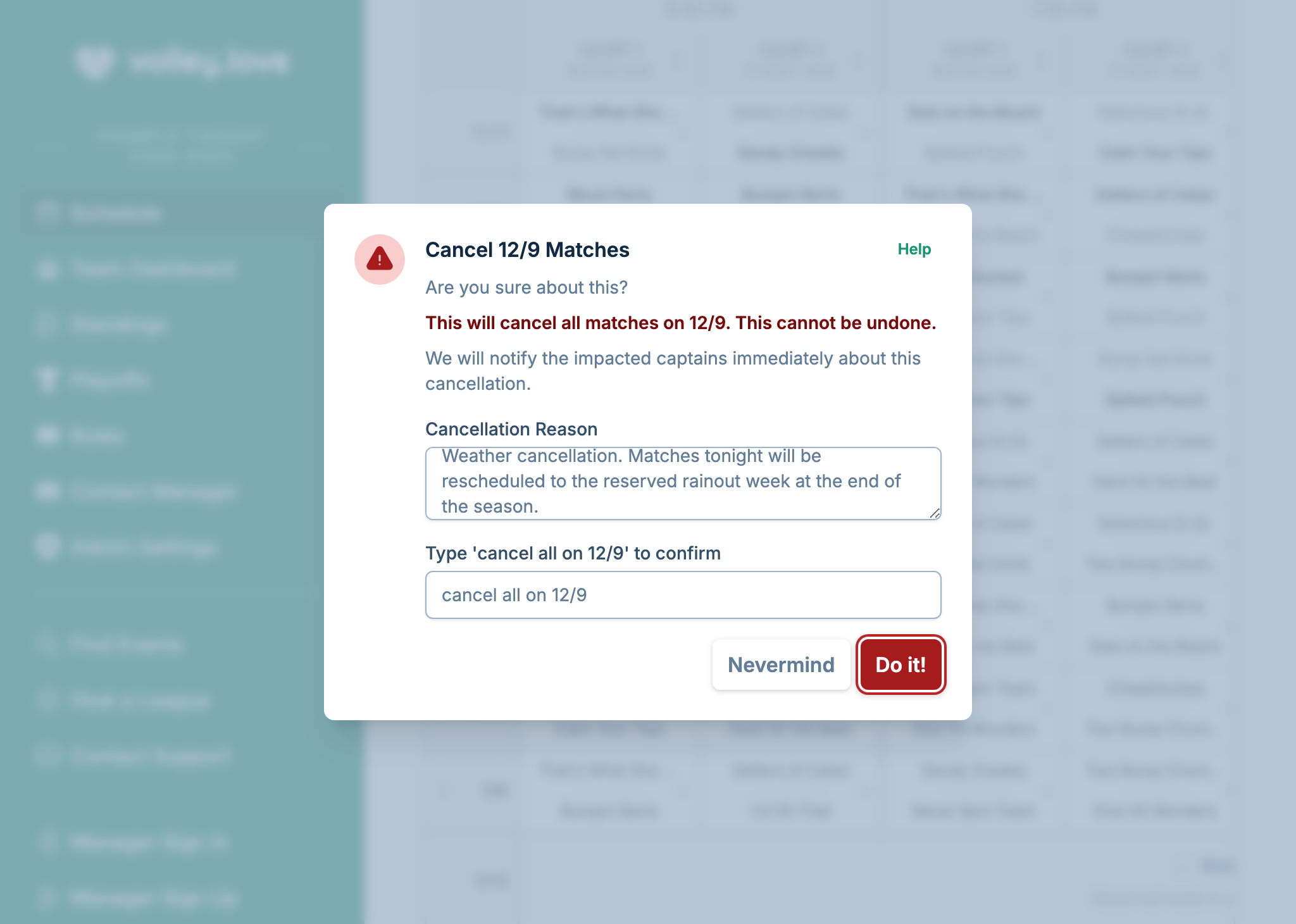 A screenshot showing the game cancellation dialog, where the manager has decided to cancel games and is providing a message to send to captains