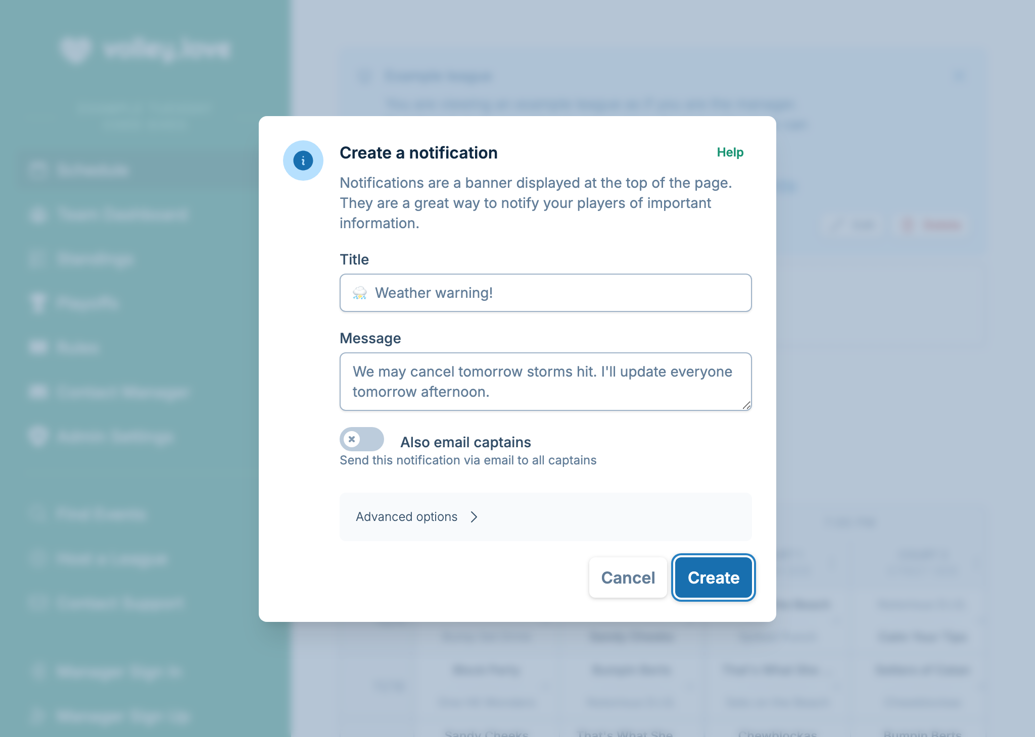 A screenshot showing the notification creation form, where a manager is notifying captains games may be canceled if the radar doesn't improve