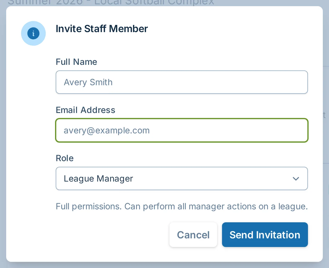 Invite staff member dialog in slowpitch.love, a softball staff permissions tool