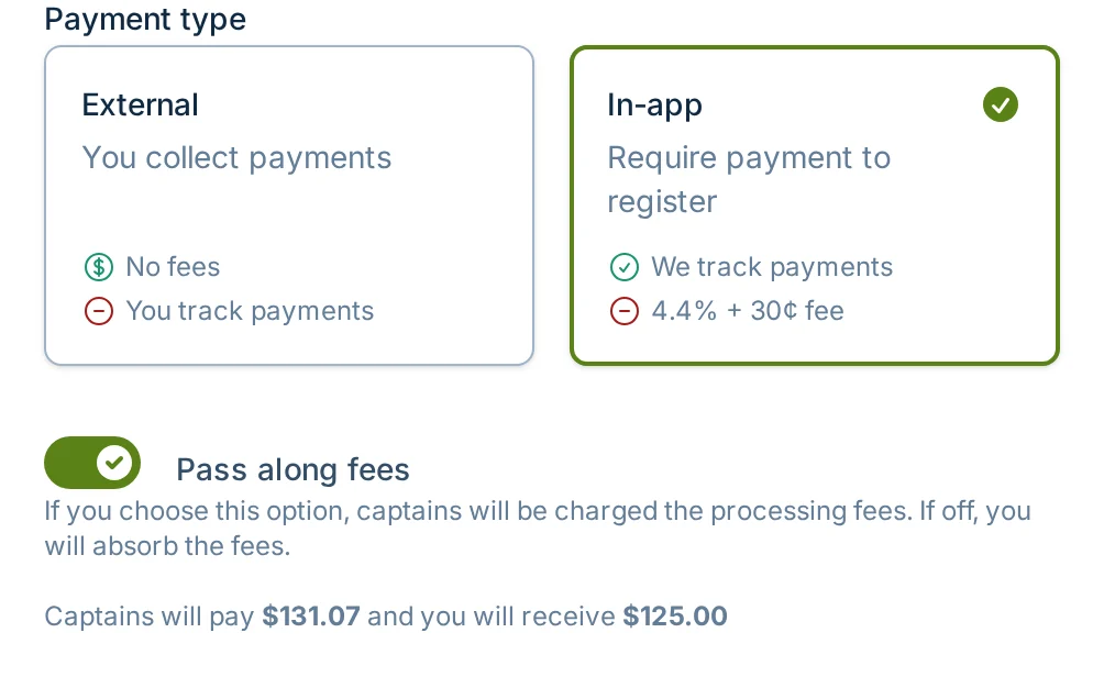 Pass along fees option in slowpitch.love, a softball checkout and registration tool