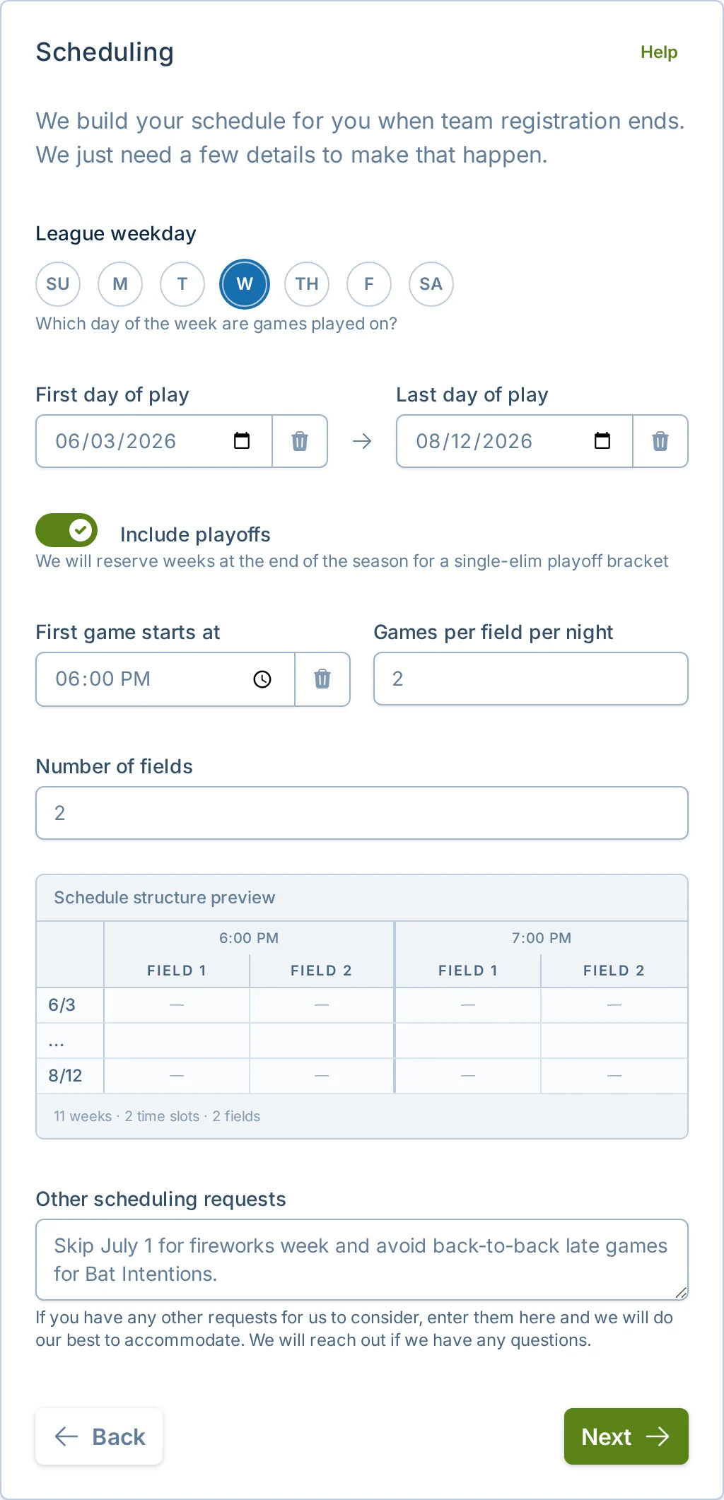 Create league scheduling step in slowpitch.love, a softball schedule builder for league managers