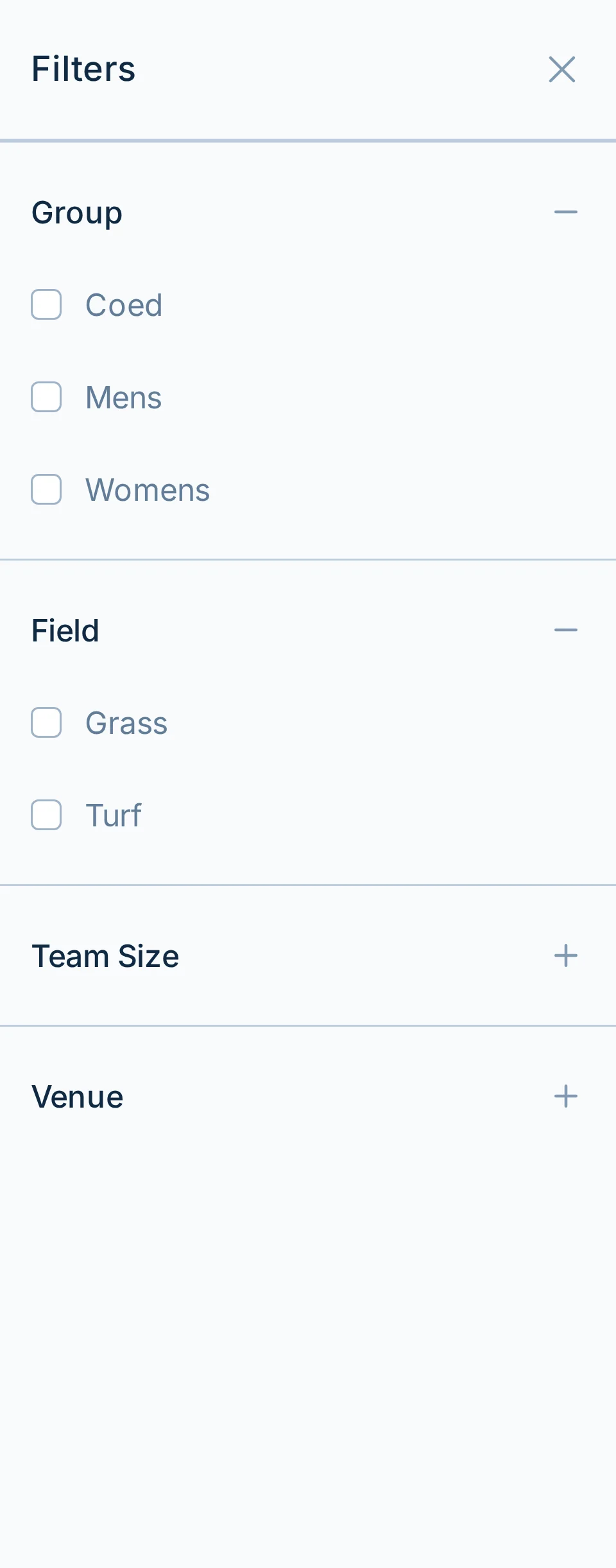 Mobile league finder filters in slowpitch.love, a softball league search page