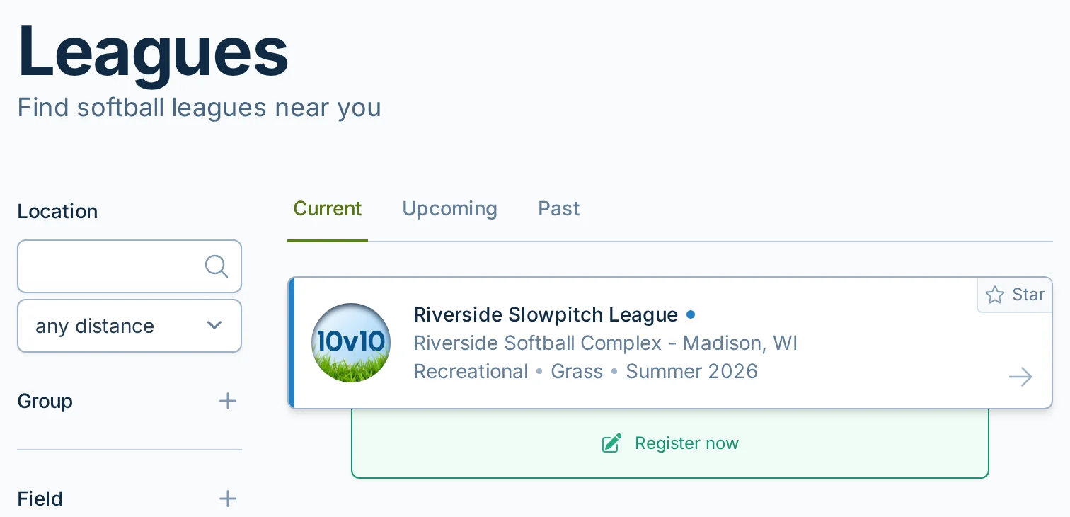 Find Leagues page in slowpitch.love, a softball league discovery and registration app