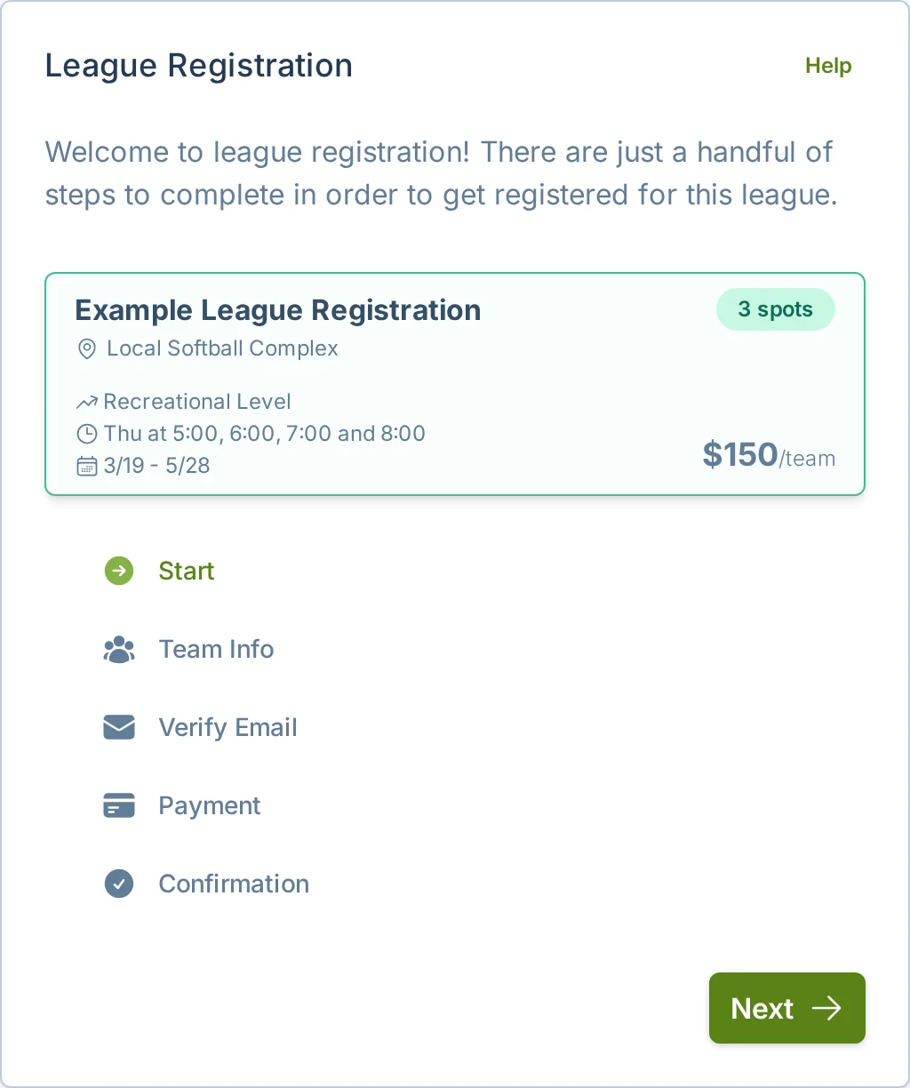 Team registration start form in slowpitch.love, a softball registration app for rec teams