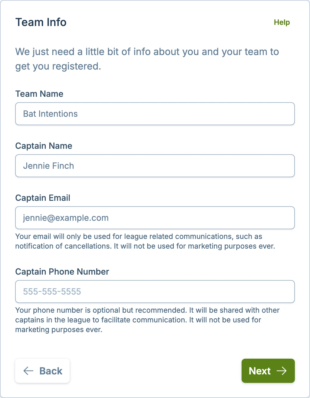 Team info step in the slowpitch.love registration flow for adult softball leagues
