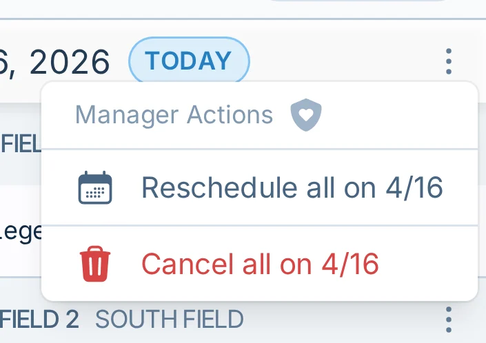 Mobile cancel all games menu in slowpitch.love, a softball schedule management tool