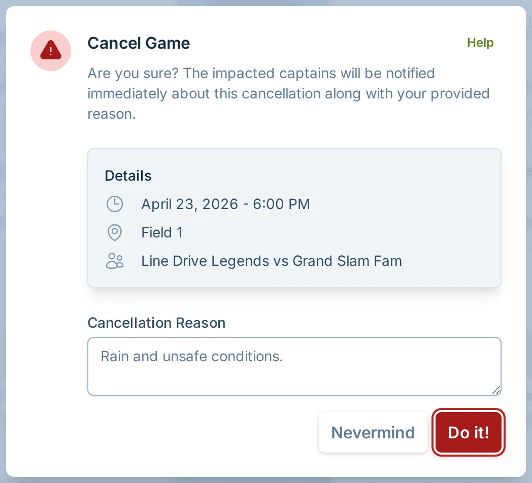 Cancel game dialog in slowpitch.love, a softball league operations platform