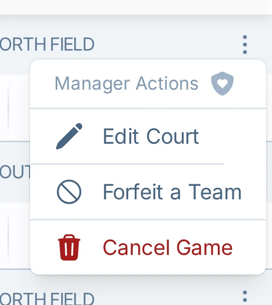 Mobile cancel game menu in slowpitch.love, a softball game-day management app