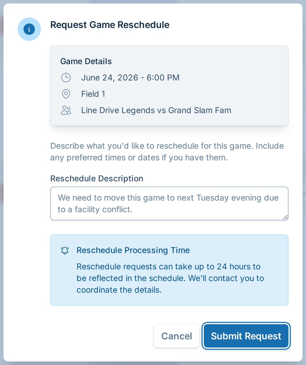 Request game reschedule dialog in slowpitch.love, a softball scheduling tool for league managers