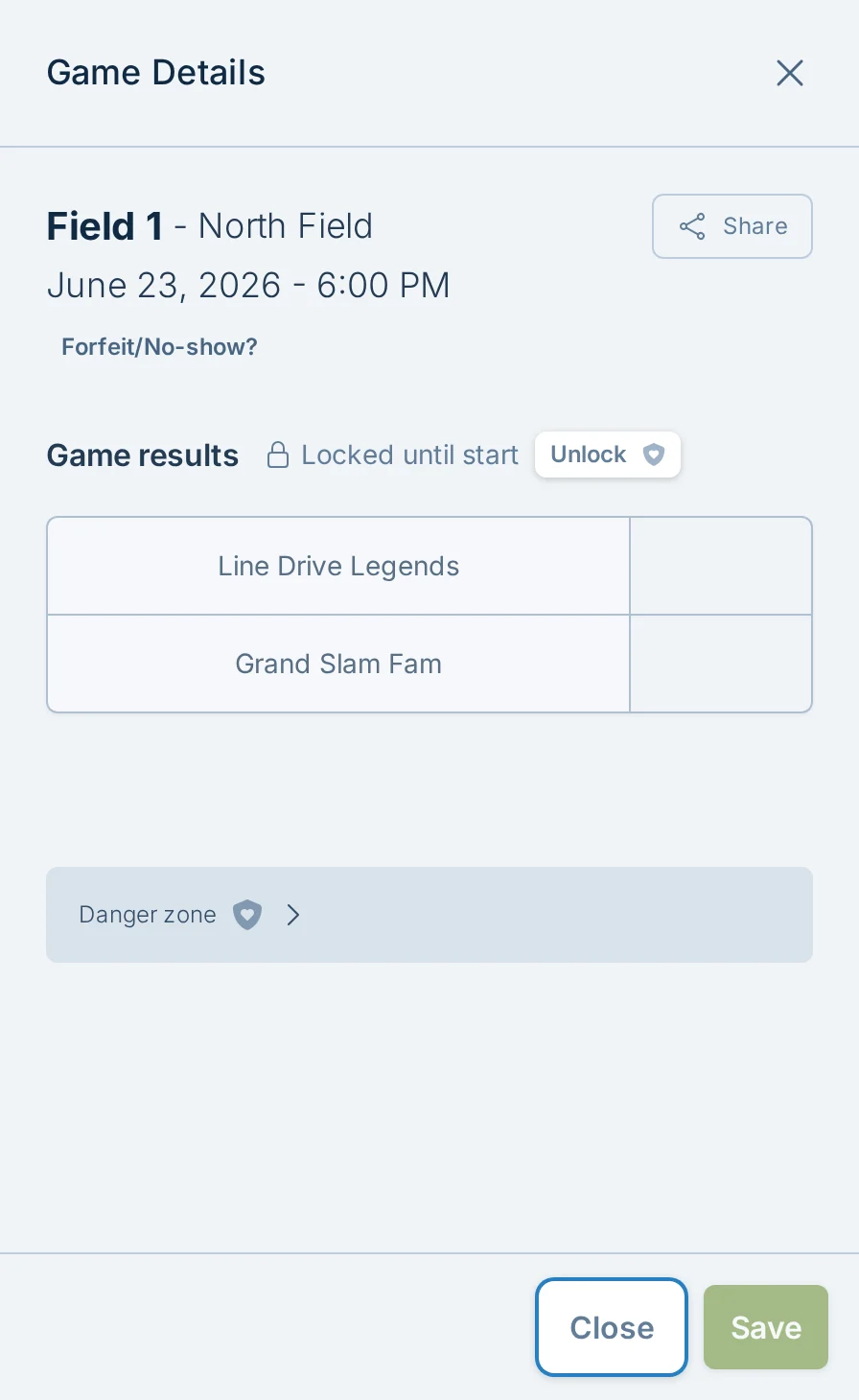 Locked score reporting form in slowpitch.love, a softball league score reporting app
