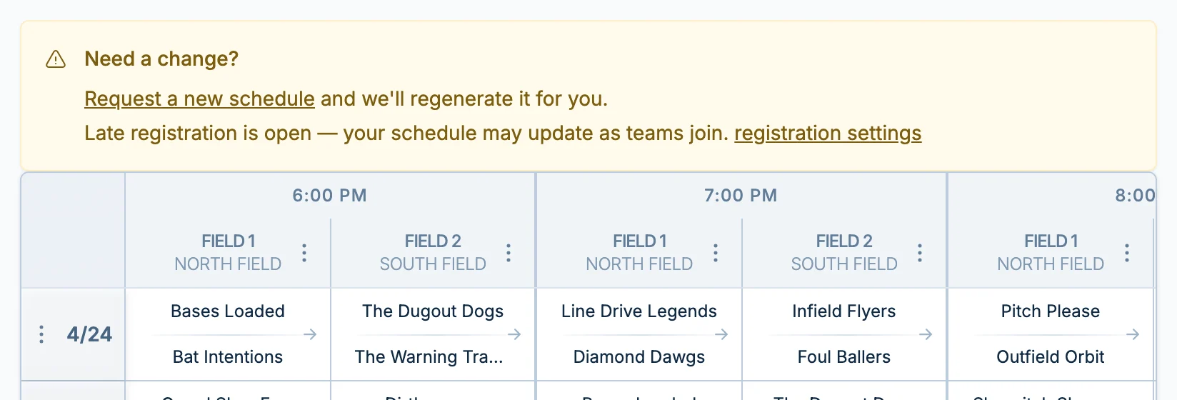 Late registration schedule change banner in slowpitch.love, a softball schedule adjustment tool