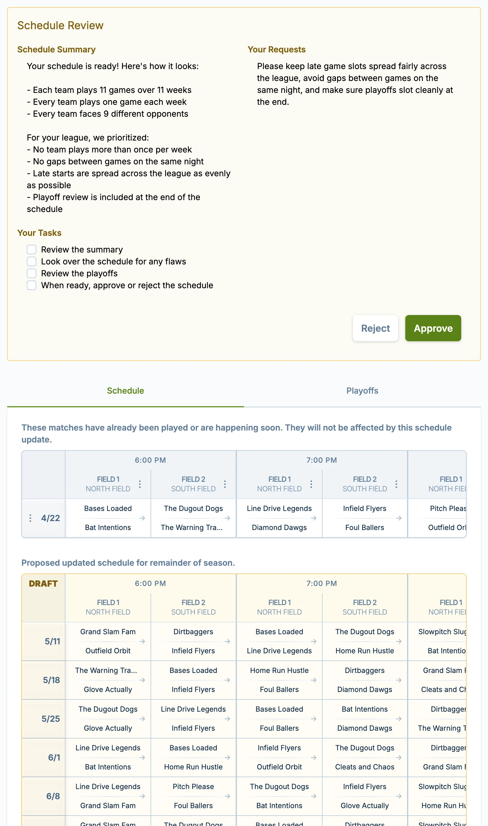Late registration schedule review in slowpitch.love, a softball scheduling platform for late entries