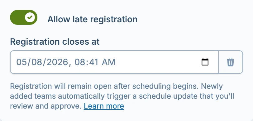 Late registration settings in slowpitch.love, a softball registration management platform