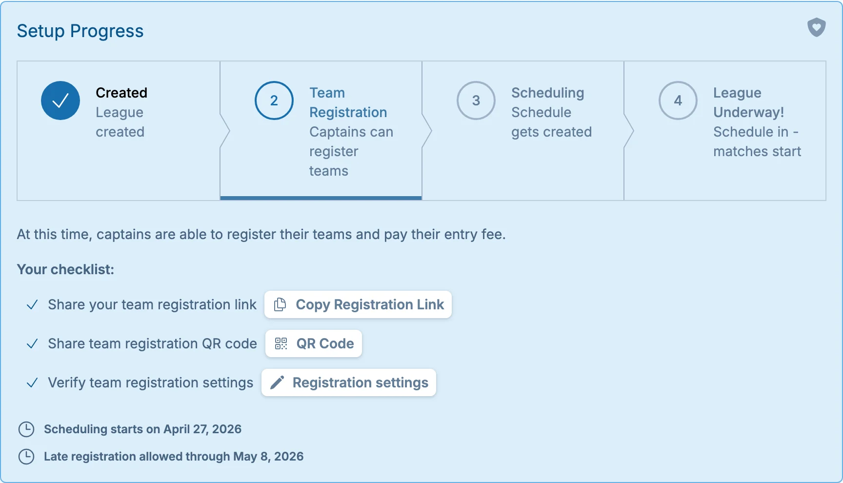 League setup progress bar in slowpitch.love, a softball registration workflow tool