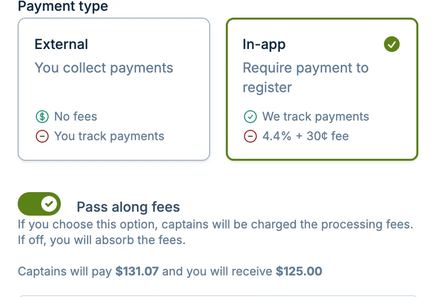 Pass along fees option in slowpitch.love, a softball checkout tool for registrations