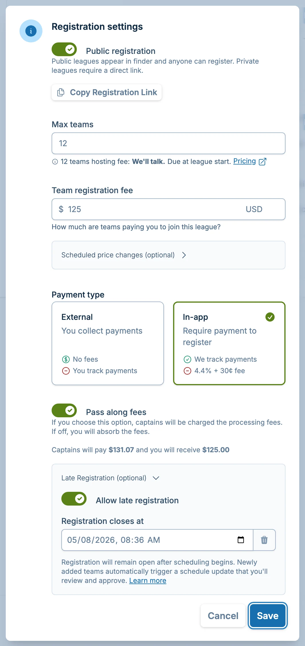 League registration settings in slowpitch.love, a softball registration and payments app