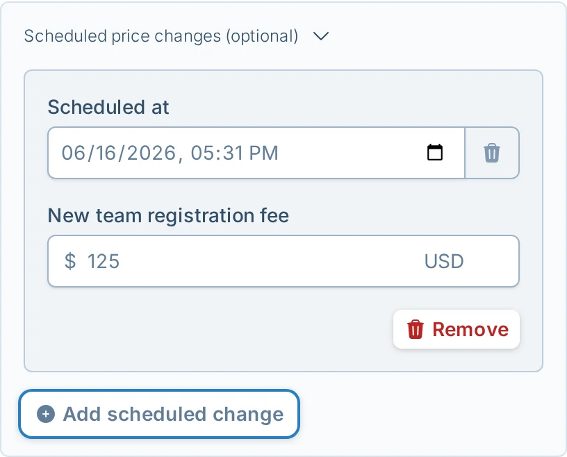 Scheduled registration price change controls in slowpitch.love, a softball league signup pricing screen