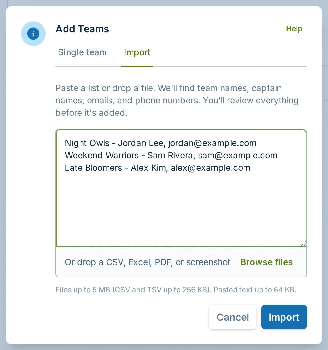 Import teams dialog in slowpitch.love, a softball team management tool