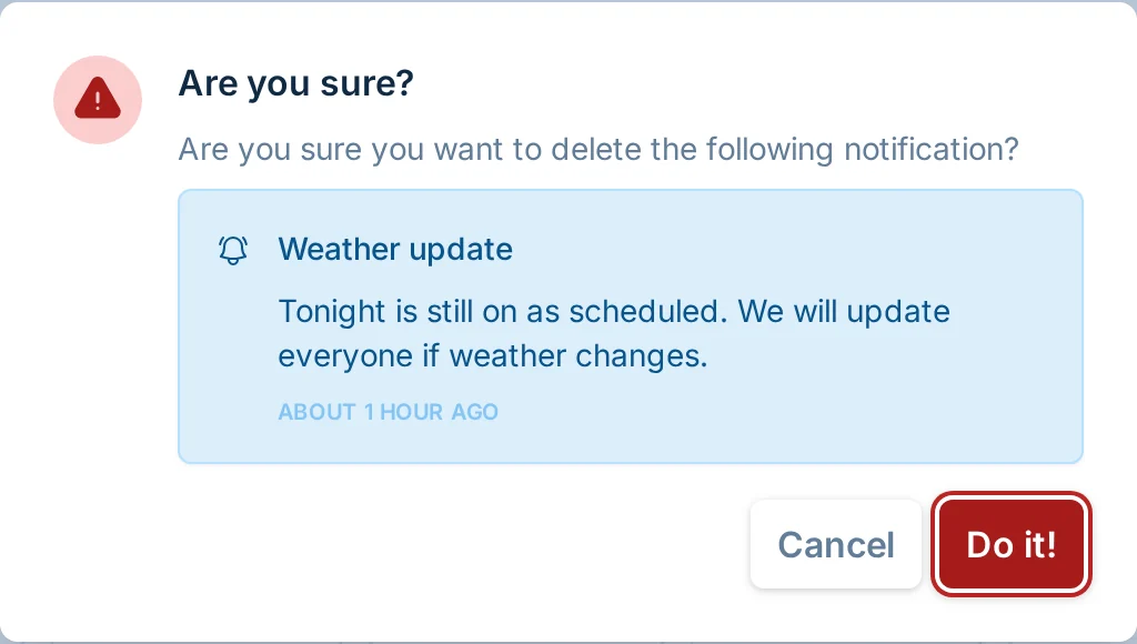 Delete notification confirmation in slowpitch.love, a softball league manager communication tool